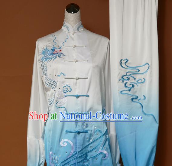 Top Grade Kung Fu Costume Asian Chinese Martial Arts Tai Chi Training Blue Uniform, China Embroidery Dragon Gongfu Shaolin Wushu Clothing for Women