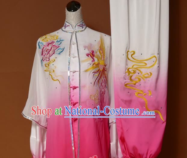 Top Grade Kung Fu Costume Asian Chinese Martial Arts Tai Chi Training Pink Uniform, China Embroidery Phoenix Peony Gongfu Shaolin Wushu Clothing for Women