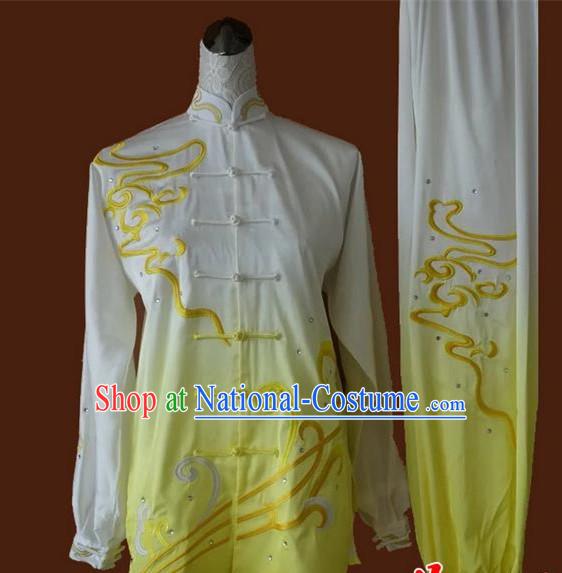 Asian Chinese Top Grade Silk Kung Fu Costume Martial Arts Tai Chi Training Suit, China Embroidery Gongfu Shaolin Wushu Gradient Yellow Uniform for Women