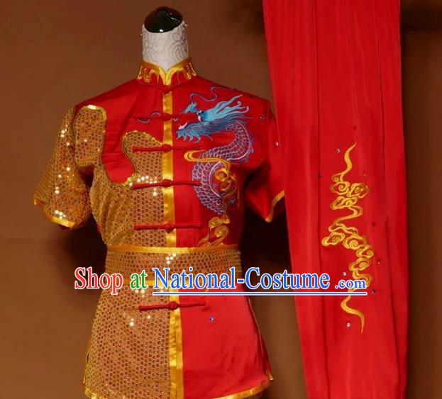 Asian Chinese Top Grade Silk Kung Fu Costume Martial Arts Tai Chi Training Suit, China Gongfu Shaolin Wushu Embroidery Dragon Red Uniform for Men