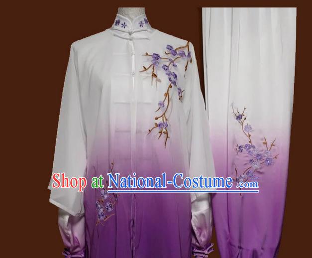 Asian Chinese Top Grade Silk Kung Fu Costume Martial Arts Tai Chi Training Suit, China Gongfu Shaolin Wushu Embroidery Wintersweet Gradient Purple Uniform for Women