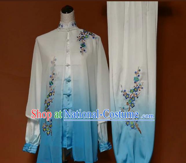 Asian Chinese Top Grade Silk Kung Fu Costume Martial Arts Tai Chi Training Suit, China Gongfu Shaolin Wushu Embroidery Wintersweet Gradient Blue Uniform for Women