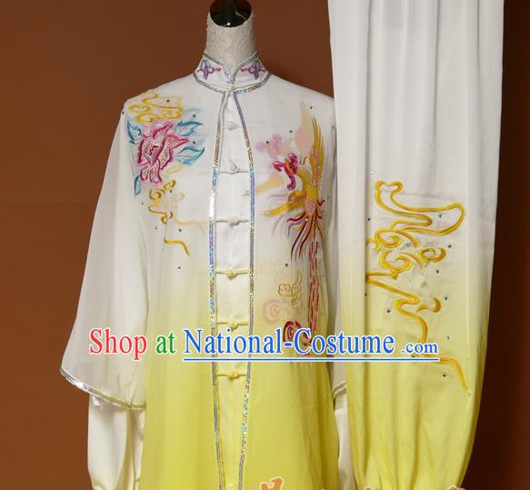 Top Grade Kung Fu Costume Asian Chinese Martial Arts Tai Chi Training Yellow Uniform, China Embroidery Phoenix Peony Gongfu Shaolin Wushu Clothing for Women