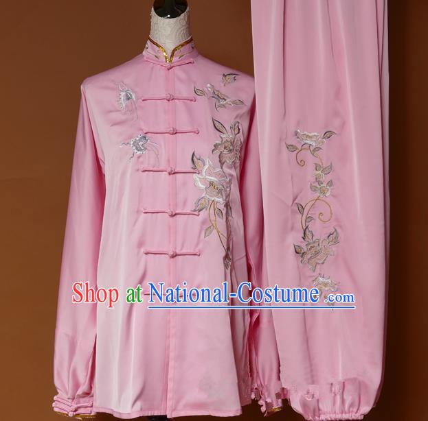 Top Grade Kung Fu Costume Asian Chinese Martial Arts Tai Chi Training Pink Uniform, China Embroidery Butterfly Peony Gongfu Shaolin Wushu Clothing for Women