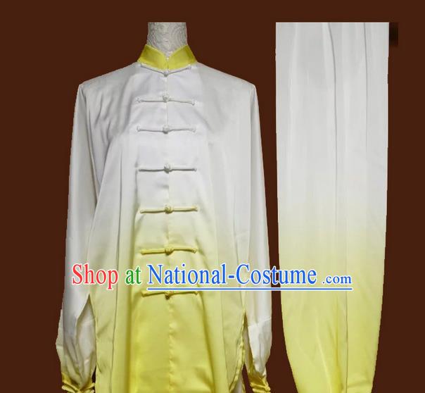 Asian Chinese Top Grade Silk Kung Fu Costume Martial Arts Tai Chi Training Suit, China Gongfu Shaolin Wushu Gradient Yellow Uniform for Women