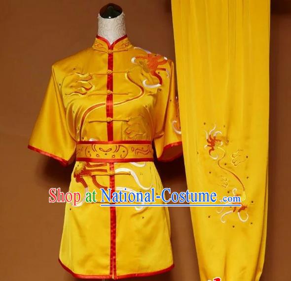 Asian Chinese Top Grade Silk Kung Fu Costume Martial Arts Tai Chi Training Suit, China Gongfu Shaolin Wushu Yellow Embroidery Uniform for Women