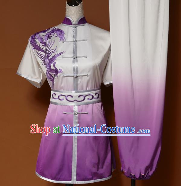 Top Grade Kung Fu Costume Asian Chinese Martial Arts Tai Chi Training Purple Uniform, China Embroidery Phoenix Gongfu Shaolin Wushu Clothing for Women