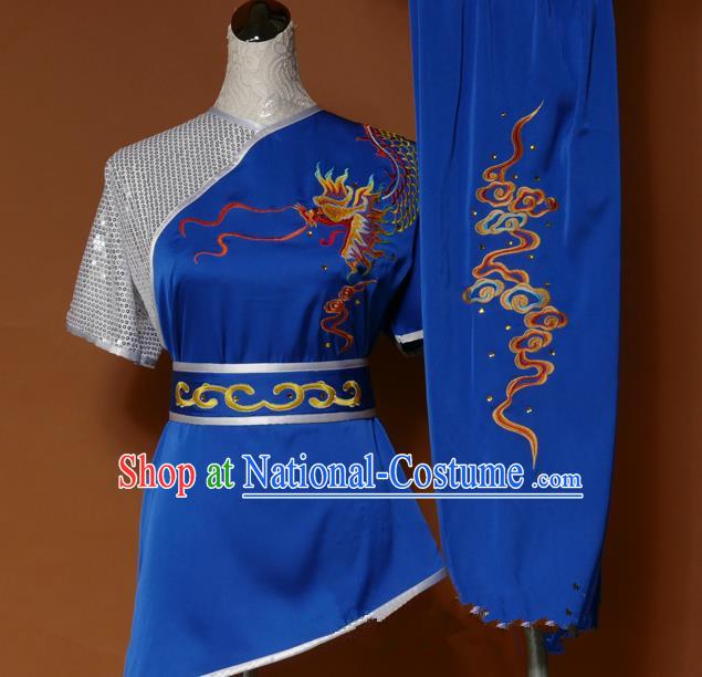 Top Grade Kung Fu Costume Asian Chinese Martial Arts Tai Chi Training Blue Uniform, China Embroidery Dragon Gongfu Shaolin Wushu Clothing for Men