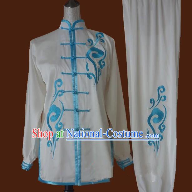 Top Grade Kung Fu Costume Asian Chinese Martial Arts Tai Chi Training White Uniform, China Embroidery Gongfu Shaolin Wushu Clothing for Men for Women