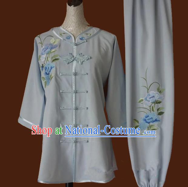 Top Grade Kung Fu Costume Asian Chinese Martial Arts Tai Chi Training Grey Uniform, China Embroidery Peony Gongfu Shaolin Wushu Clothing for Women