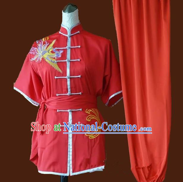 Top Grade Kung Fu Costume Asian Chinese Martial Arts Tai Chi Training Red Uniform, China Embroidery Phoenix Gongfu Shaolin Wushu Clothing for Women