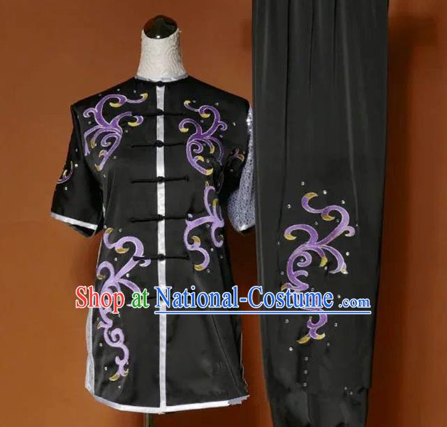 Top Grade Kung Fu Costume Asian Chinese Martial Arts Tai Chi Training Black Uniform, China Embroidery Purple Paillette Gongfu Shaolin Wushu Clothing for Women