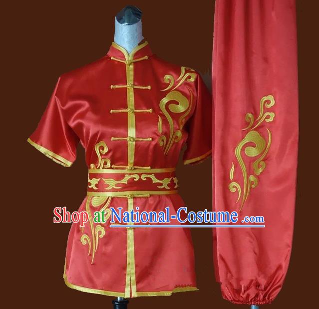 Top Grade Kung Fu Silk Costume Asian Chinese Martial Arts Tai Chi Training Red Uniform, China Embroidery Gongfu Shaolin Wushu Clothing for Women