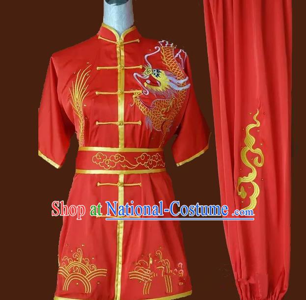 Top Grade Kung Fu Silk Costume Asian Chinese Martial Arts Tai Chi Training Red Uniform, China Embroidery Gongfu Shaolin Wushu Clothing for Men