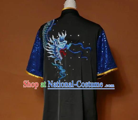 Top Grade Kung Fu Silk Costume Asian Chinese Martial Arts Tai Chi Training Black Uniform, China Embroidery Dragon Paillette Gongfu Shaolin Wushu Clothing for Men