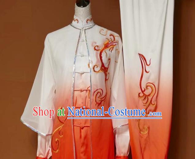 Top Grade Kung Fu Silk Costume Asian Chinese Martial Arts Tai Chi Training Orange Uniform, China Embroidery Dragon Gongfu Shaolin Wushu Clothing for Men