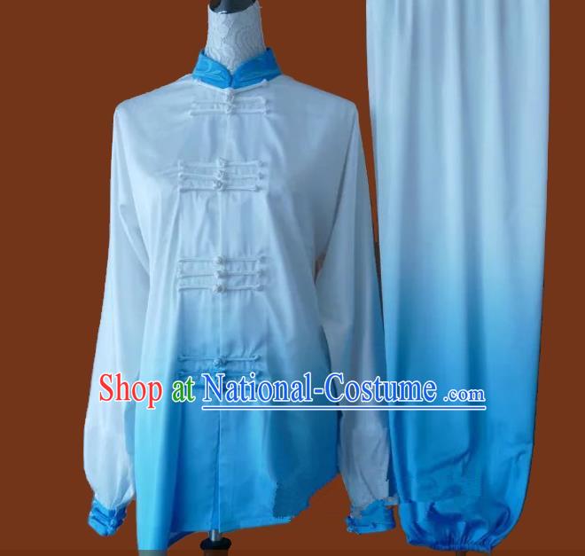 Top Grade Kung Fu Silk Costume Asian Chinese Martial Arts Tai Chi Training Blue Uniform, China Plated Buttons Gongfu Shaolin Wushu Clothing for Men for Women