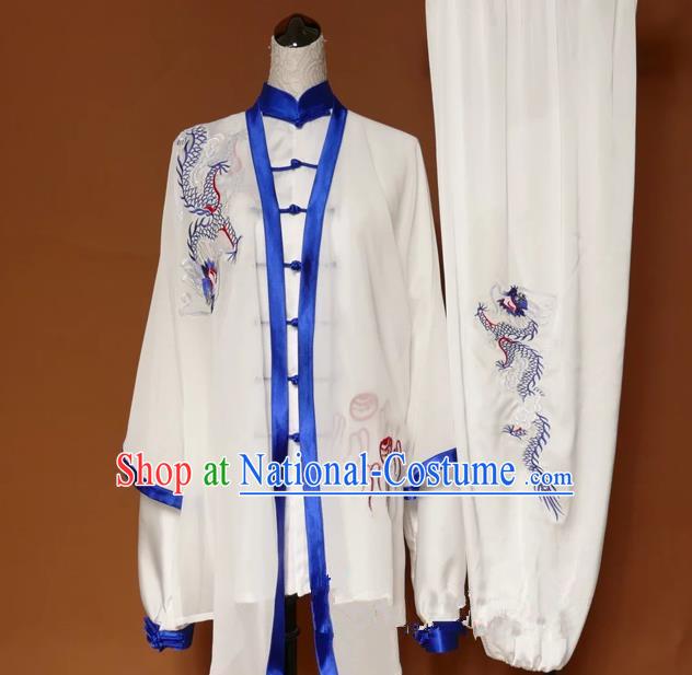 Top Grade Kung Fu Silk Costume Asian Chinese Martial Arts Tai Chi Training Uniform, China Embroidery Blue Dragon Gongfu Shaolin Wushu Clothing for Men for Women