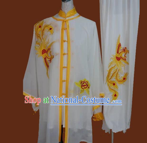 Top Grade Kung Fu Silk Costume Asian Chinese Martial Arts Tai Chi Training Uniform, China Embroidery Yellow Phoenix Gongfu Shaolin Wushu Clothing for Men for Women