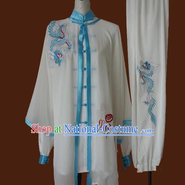 Top Grade Kung Fu Silk Costume Asian Chinese Martial Arts Tai Chi Training Uniform, China Embroidery Light Blue Dragon Gongfu Shaolin Wushu Clothing for Men for Women