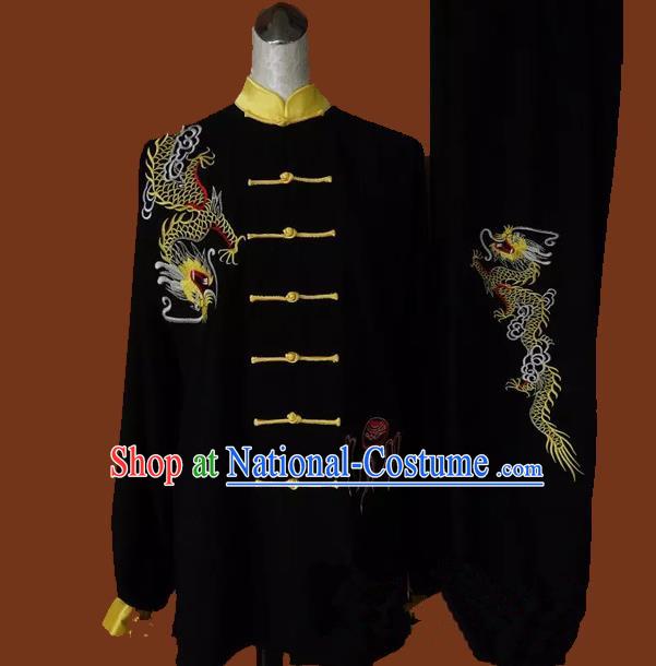 Top Grade Kung Fu Silk Costume Asian Chinese Martial Arts Tai Chi Training Black Uniform, China Embroidery Dragon Gongfu Shaolin Wushu Clothing for Men for Women