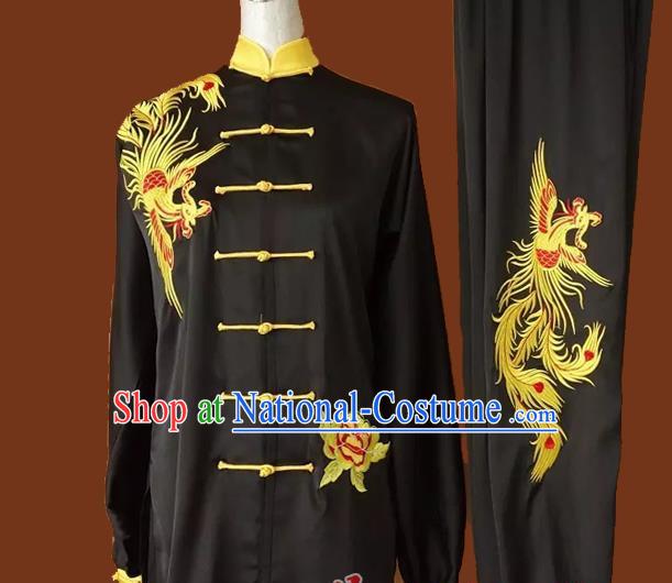 Top Grade Kung Fu Silk Costume Asian Chinese Martial Arts Tai Chi Training Black Uniform, China Embroidery Phoenix Gongfu Shaolin Wushu Clothing for Men for Women