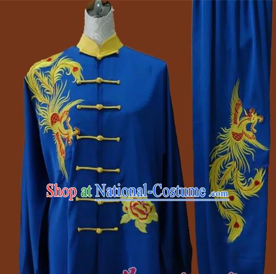 Top Grade Kung Fu Silk Costume Asian Chinese Martial Arts Tai Chi Training Blue Uniform, China Embroidery Phoenix Gongfu Shaolin Wushu Clothing for Men for Women