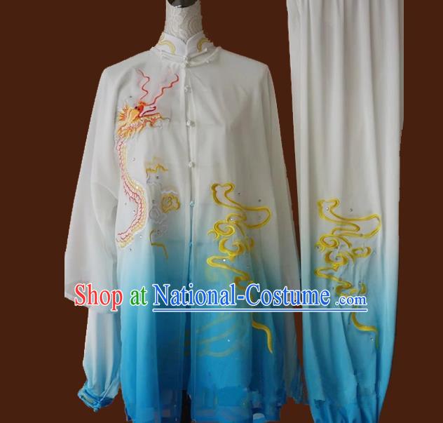 Top Grade Kung Fu Silk Costume Asian Chinese Martial Arts Tai Chi Training Gradient Blue Uniform, China Embroidery Dragon Gongfu Shaolin Wushu Clothing for Men for Women