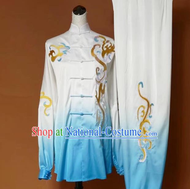 Top Grade Kung Fu Silk Costume Asian Chinese Martial Arts Tai Chi Training Gradient Blue Uniform, China Embroidery Gongfu Shaolin Wushu Clothing for Men for Women