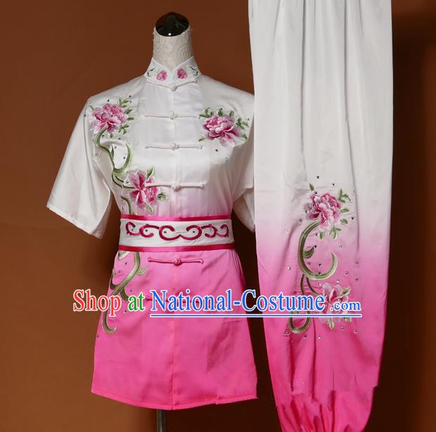 Top Grade Kung Fu Silk Costume Asian Chinese Martial Arts Tai Chi Training Gradient Pink Uniform, China Embroidery Peony Gongfu Shaolin Wushu Clothing for Women