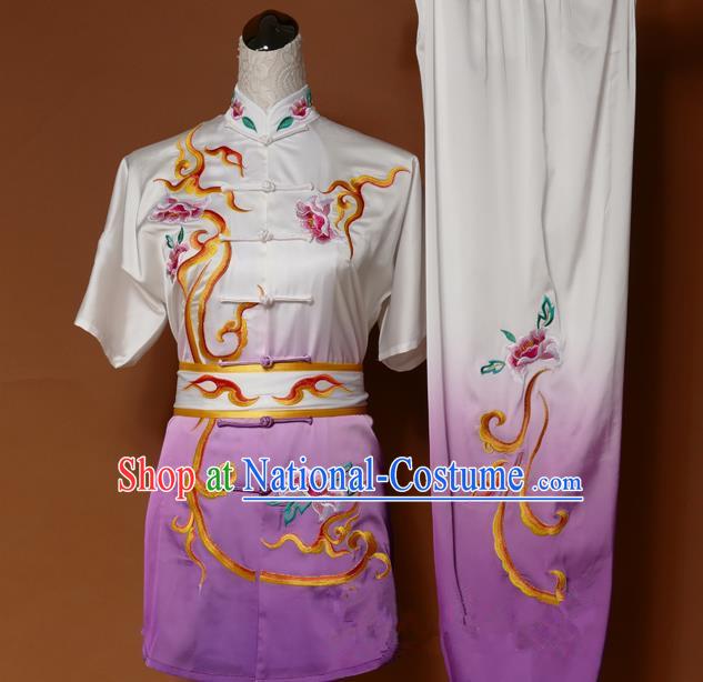 Top Grade Kung Fu Silk Costume Asian Chinese Martial Arts Tai Chi Training Gradient Purple Uniform, China Embroidery Peony Gongfu Shaolin Wushu Clothing for Women