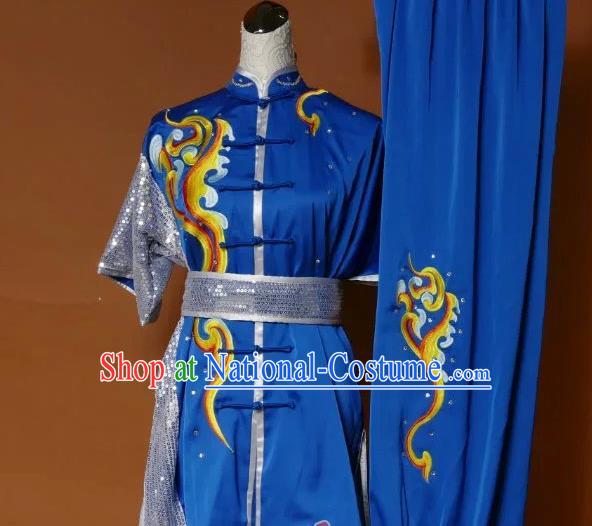 Top Grade Kung Fu Silk Costume Asian Chinese Martial Arts Tai Chi Training Blue Paillette Uniform, China Embroidery Gongfu Shaolin Wushu Clothing for Women for Men