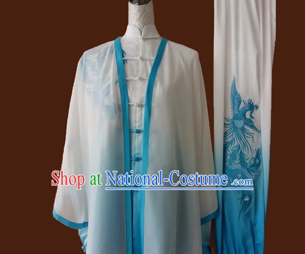 Top Grade Kung Fu Silk Costume Asian Chinese Martial Arts Tai Chi Training Gradient Blue Uniform, China Embroidery Phoenix Gongfu Shaolin Wushu Clothing for Women