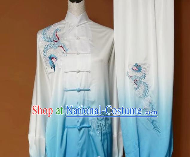 Top Grade Kung Fu Silk Costume Asian Chinese Martial Arts Tai Chi Training Gradient Blue Uniform, China Embroidery Dragon Gongfu Shaolin Wushu Clothing for Women