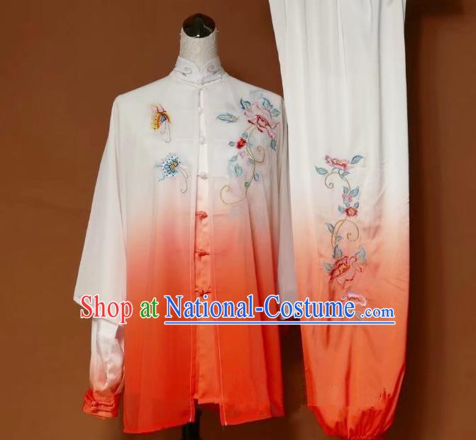 Top Grade Kung Fu Silk Costume Asian Chinese Martial Arts Tai Chi Training Gradient Orange Uniform, China Embroidery Peony Gongfu Shaolin Wushu Clothing for Women