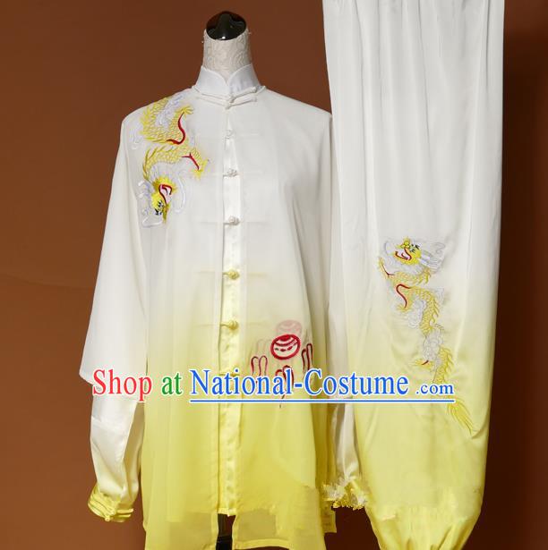 Top Grade Kung Fu Silk Costume Asian Chinese Martial Arts Tai Chi Training Gradient Yellow Uniform, China Embroidery Dragon Gongfu Shaolin Wushu Clothing for Women