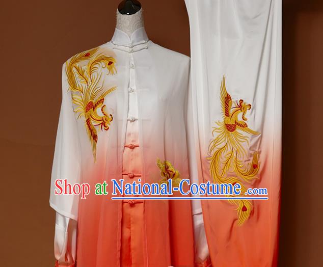 Top Grade Kung Fu Silk Costume Asian Chinese Martial Arts Tai Chi Training Gradient Orange Uniform, China Embroidery Phoenix Gongfu Shaolin Wushu Clothing for Women