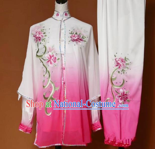 Top Grade Kung Fu Silk Costume Asian Chinese Martial Arts Tai Chi Training Pink Uniform, China Embroidery Peony Gongfu Shaolin Wushu Clothing for Women