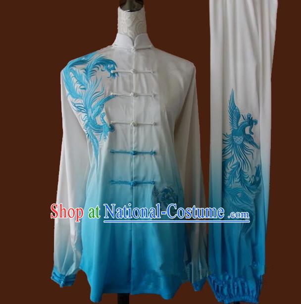 Top Grade Kung Fu Silk Costume Asian Chinese Martial Arts Tai Chi Training Gradient Blue Uniform, China Embroidery Phoenix Gongfu Shaolin Wushu Clothing for Women