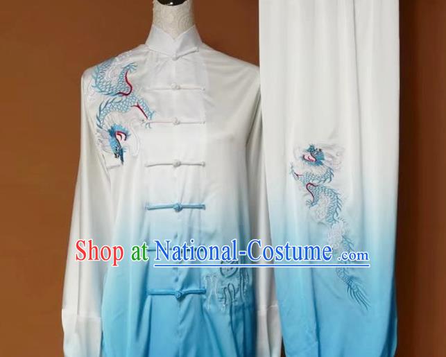 Top Grade Kung Fu Silk Costume Asian Chinese Martial Arts Tai Chi Training Gradient Blue Uniform, China Embroidery Dragon Gongfu Shaolin Wushu Clothing for Women