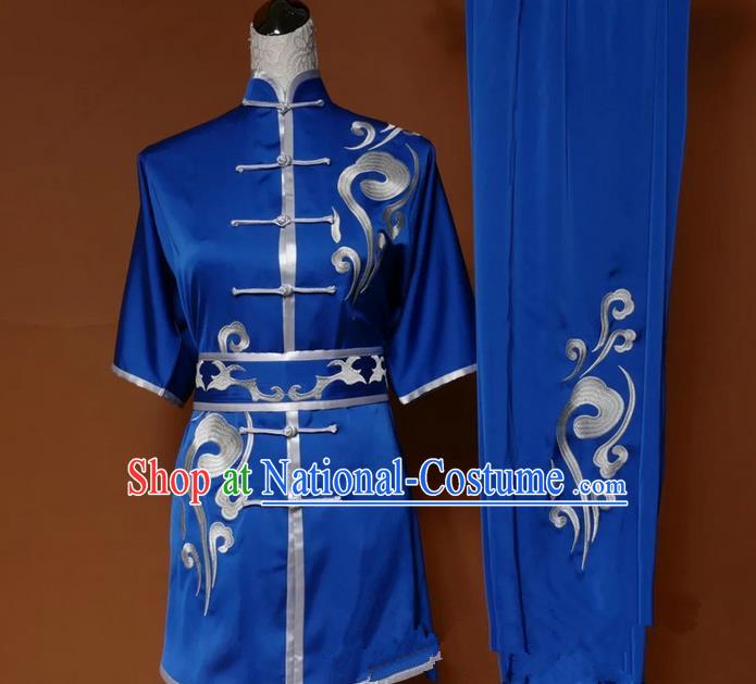 Top Grade Kung Fu Silk Costume Asian Chinese Martial Arts Tai Chi Training Blue Uniform, China Embroidery Short Sleeve Gongfu Shaolin Wushu Clothing for Women