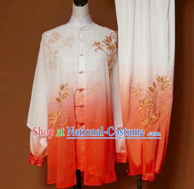 Top Grade Kung Fu Silk Costume Asian Chinese Martial Arts Tai Chi Training Orange Uniform, China Embroidery Leaf Gongfu Shaolin Wushu Clothing for Women