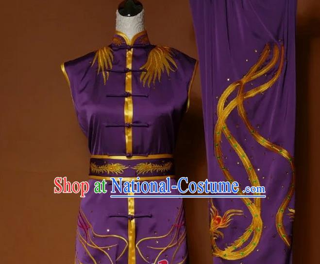 Top Grade Kung Fu Silk Costume Asian Chinese Martial Arts Tai Chi Training Gradient Purple Uniform, China Embroidery Phoenix Gongfu Shaolin Wushu Clothing for Women