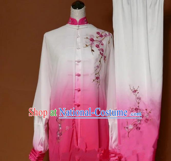 Top Grade Kung Fu Silk Costume Asian Chinese Martial Arts Tai Chi Training Gradient Pink Uniform, China Embroidery Plum Blossom Gongfu Shaolin Wushu Clothing for Women