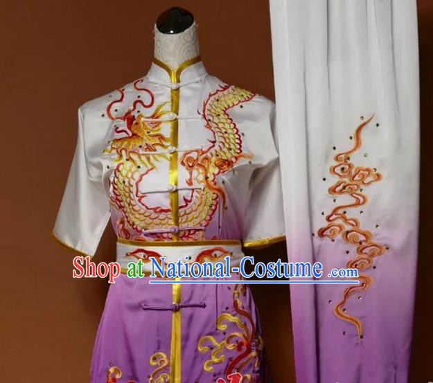 Top Grade Kung Fu Silk Costume Asian Chinese Martial Arts Tai Chi Training Gradient Purple Uniform, China Embroidery Dragon Gongfu Shaolin Wushu Clothing for Men