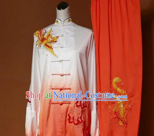 Top Grade Kung Fu Silk Costume Asian Chinese Martial Arts Tai Chi Training Gradient Orange Uniform, China Embroidery Phoenix Gongfu Shaolin Wushu Clothing for Women