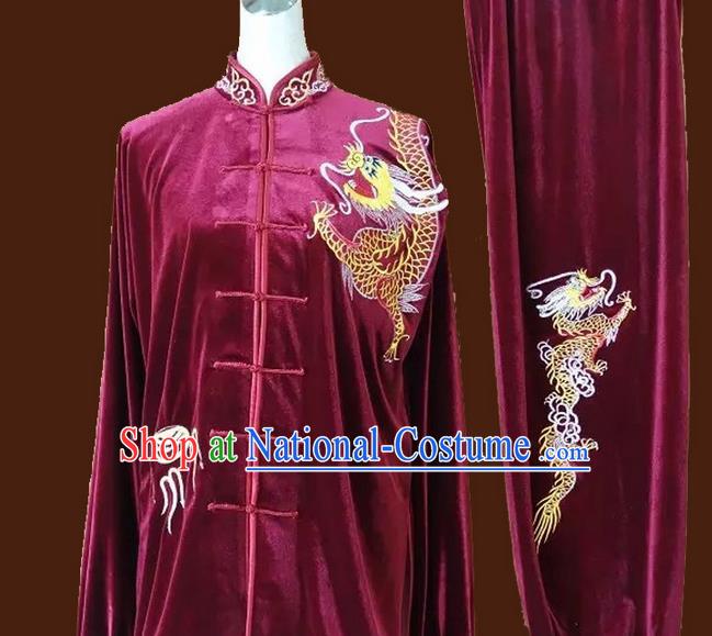 Top Grade Kung Fu Velvet Costume Asian Chinese Martial Arts Tai Chi Training Wine Red Uniform, China Embroidery Dragon Gongfu Shaolin Wushu Clothing for Women