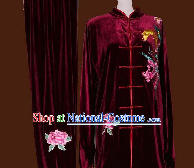 Top Grade Kung Fu Velvet Costume Asian Chinese Martial Arts Tai Chi Training Wine Red Uniform, China Embroidery Phoenix Peony Gongfu Shaolin Wushu Clothing for Women