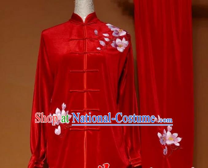 Top Grade Kung Fu Velvet Costume Asian Chinese Martial Arts Tai Chi Training Red Uniform, China Embroidery Magnolia Flower Gongfu Shaolin Wushu Clothing for Women