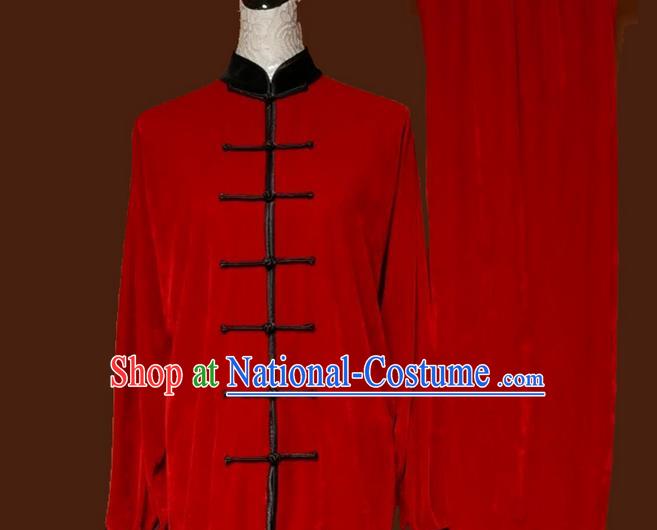 Top Grade Kung Fu Velvet Costume Asian Chinese Martial Arts Tai Chi Training Red Uniform, China Plated Buttons Gongfu Shaolin Wushu Clothing for Women